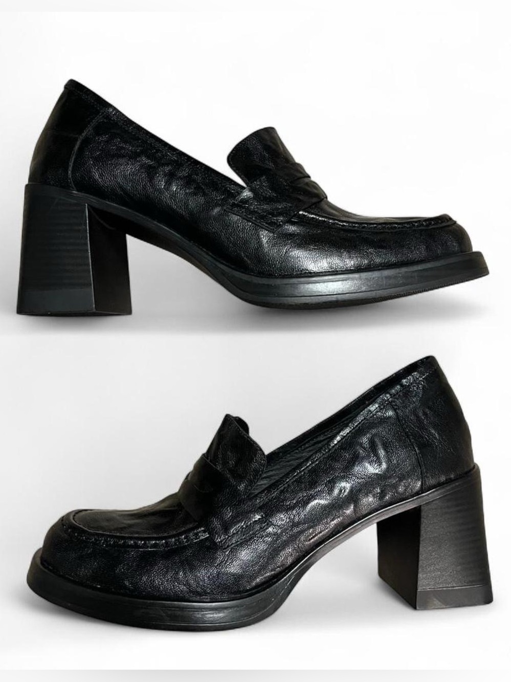 Classic Black Leather Block Heel Loafer